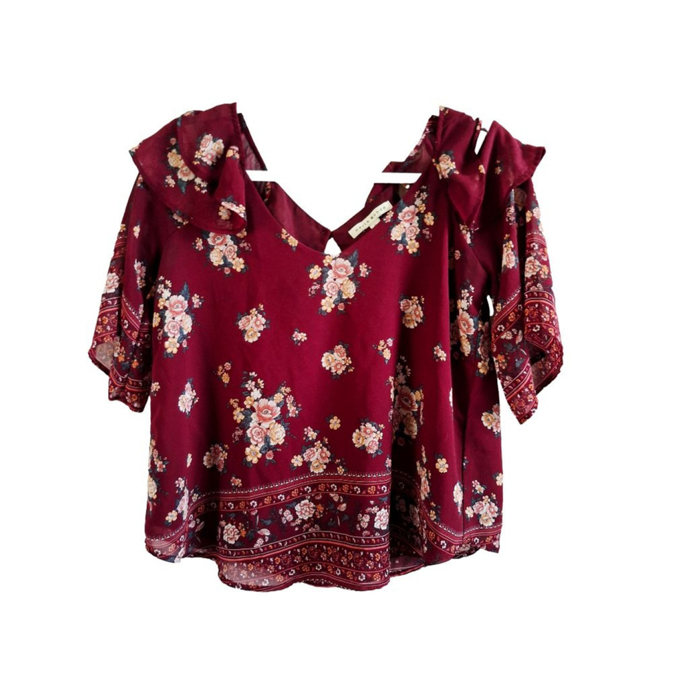 Haute Monde Burgundy Floral Cold Shoulder Blouse S feminine